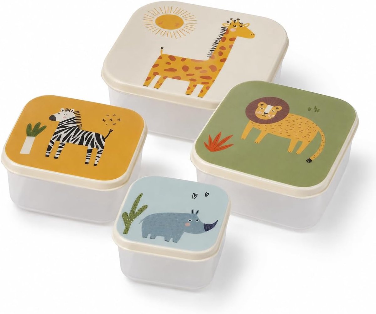SnelShoppen - 3-delige Opbergdozen Set met Deksel Jungle Dieren Motief 500 ml 350 ml 220 ml Groen Geel Blauw Voor Lunch Snacks Kinderen