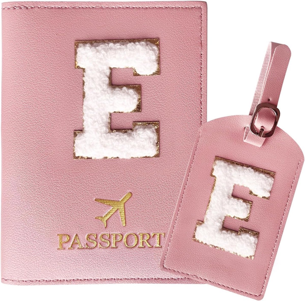 SnelShoppen - Passport Case en Luggage Tag Set met Letter Patch, Persoonlijke Reisaccessoires, Duurzaam PU Leer, Schattig voor Vrouwen, Tieners en Mei