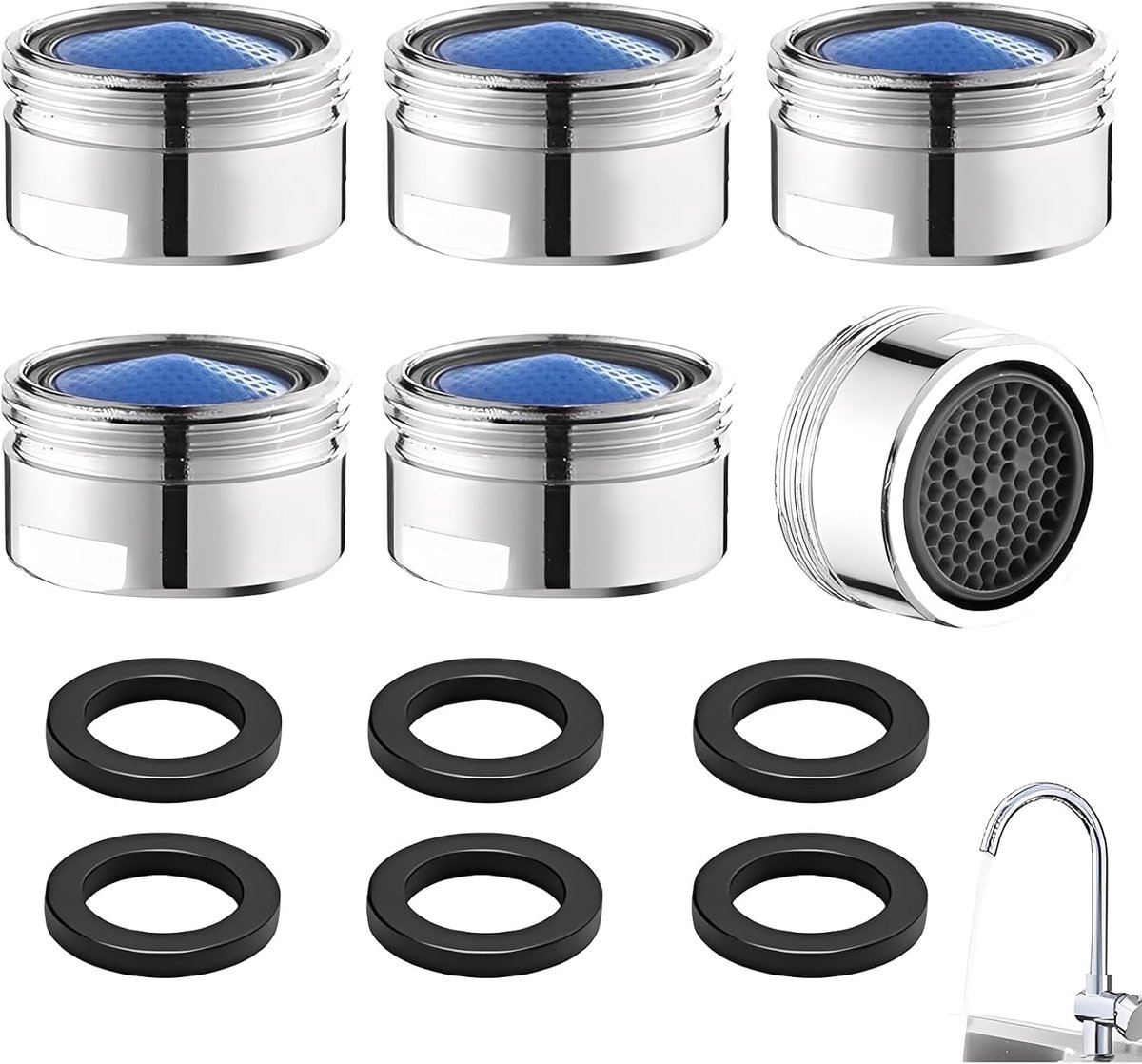 SnelShoppen - 6x Aerator Faucet M22 22mm Kranen, Waterfilter Aerator voor Keuken en Badkamer, Hoogwaardige Messing en RVS, Splash Guard, Duurzaam en L