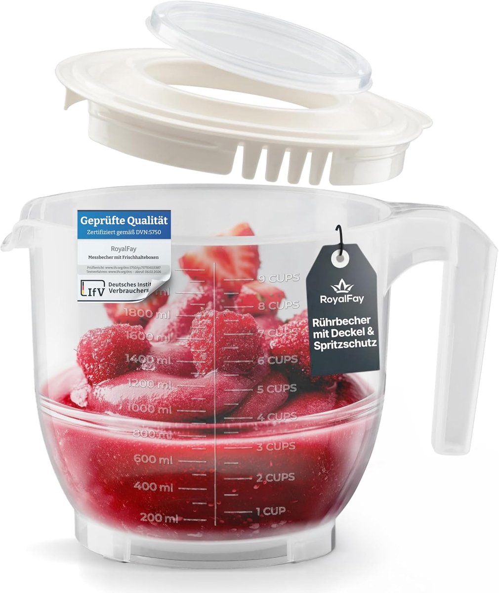 SnelShoppen - Maatbeker 2,2L Wit - Mengbeker met Deksel en Spatbescherming, Stopbodem, Liter- en Bekerschaal voor Bakken, Koken en Vers Houden