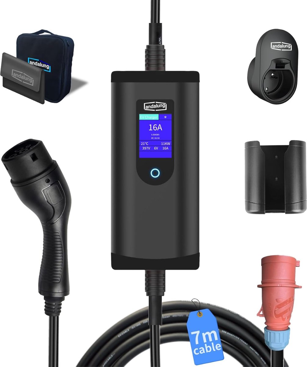 SnelShoppen - Portable EV Charger 11 kW Type 2, 3 Fase, CEE 16A, 6-16 A Instelbare Stroom, 7 m Kabel, IP65 Bescherming voor Thuis en Mobiel Gebruik