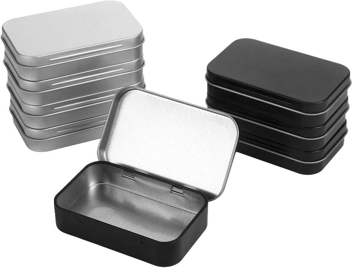 Set van 8 Opbergdozen met Deksel, Zwarte en Zilveren Blikdozen voor Kleine Voorwerpen, Ideaal voor Organisatie en Bewaring (95 x 60 x 20 mm)