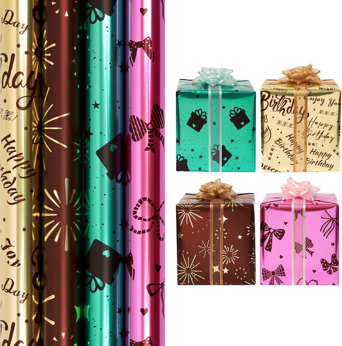 SnelShoppen - Cadeaupapier Rol 4 Stuks 43cm x 3m, Shiny Verpakkingspapier voor Verjaardagen, Trouwen en Feestdagen