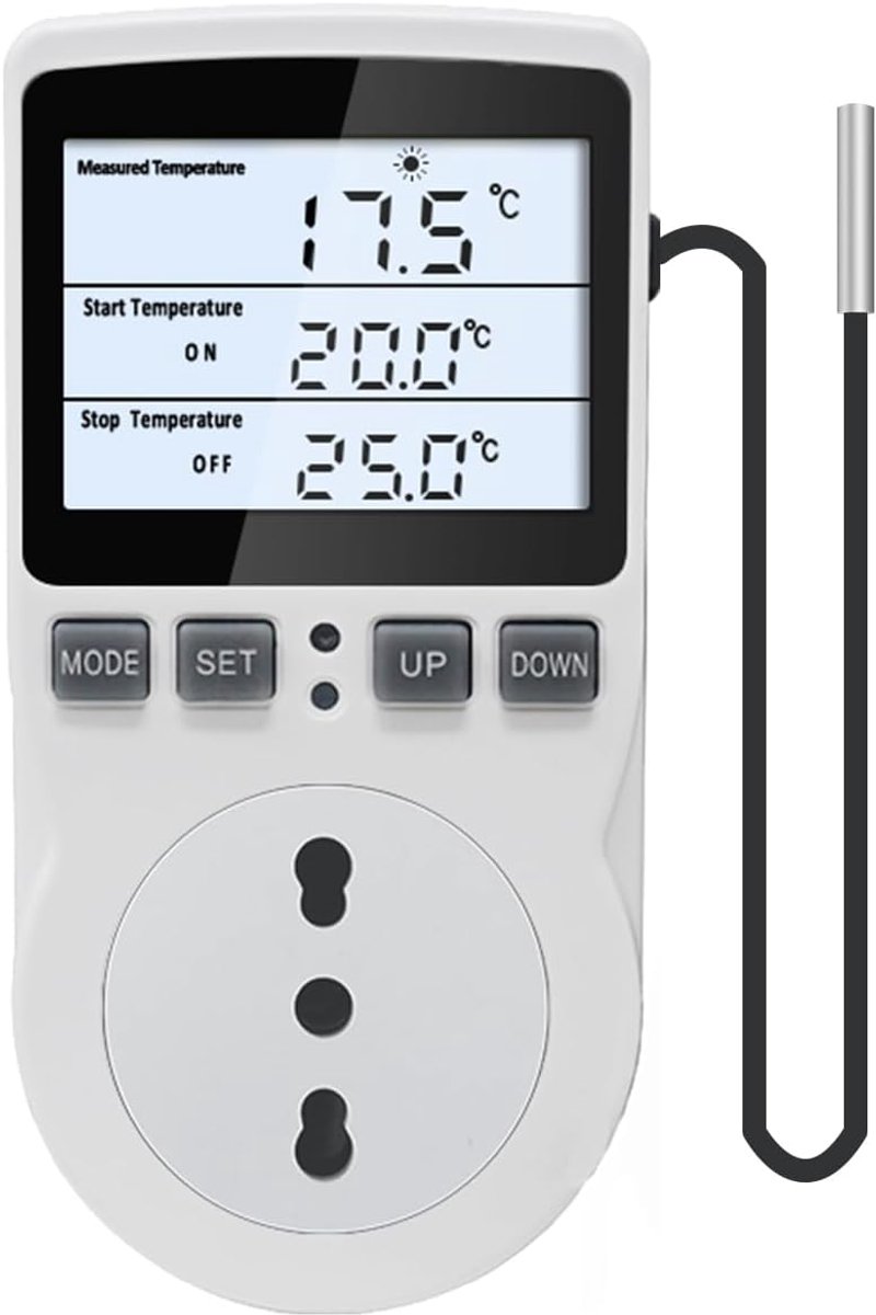 SnelShoppen - Digitale Thermostaat Stekker met Achtergrondverlichting, Eenvoudig in Gebruik, 230V AC, Max. 16A, Perfect voor Thuis, Tuin, Keuken en Ca