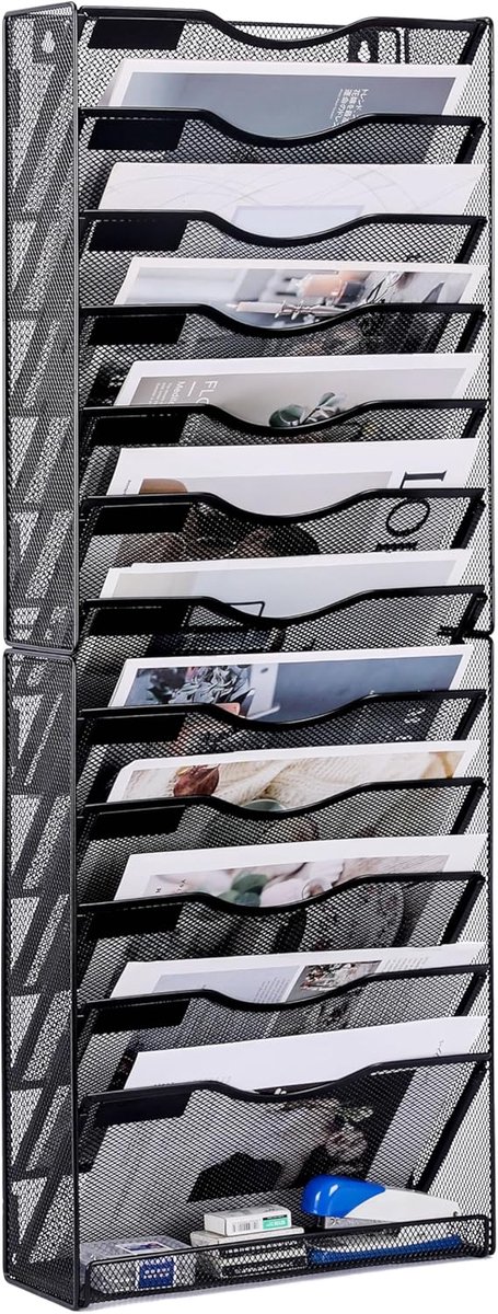 SnelShoppen - Wand File Organizer 13-Vaks A4 Mesh Documentenhouder - Zwart - Muur- en Bureau-montage - Tijdschriftopberger - Ruimtebesparend voor Thui