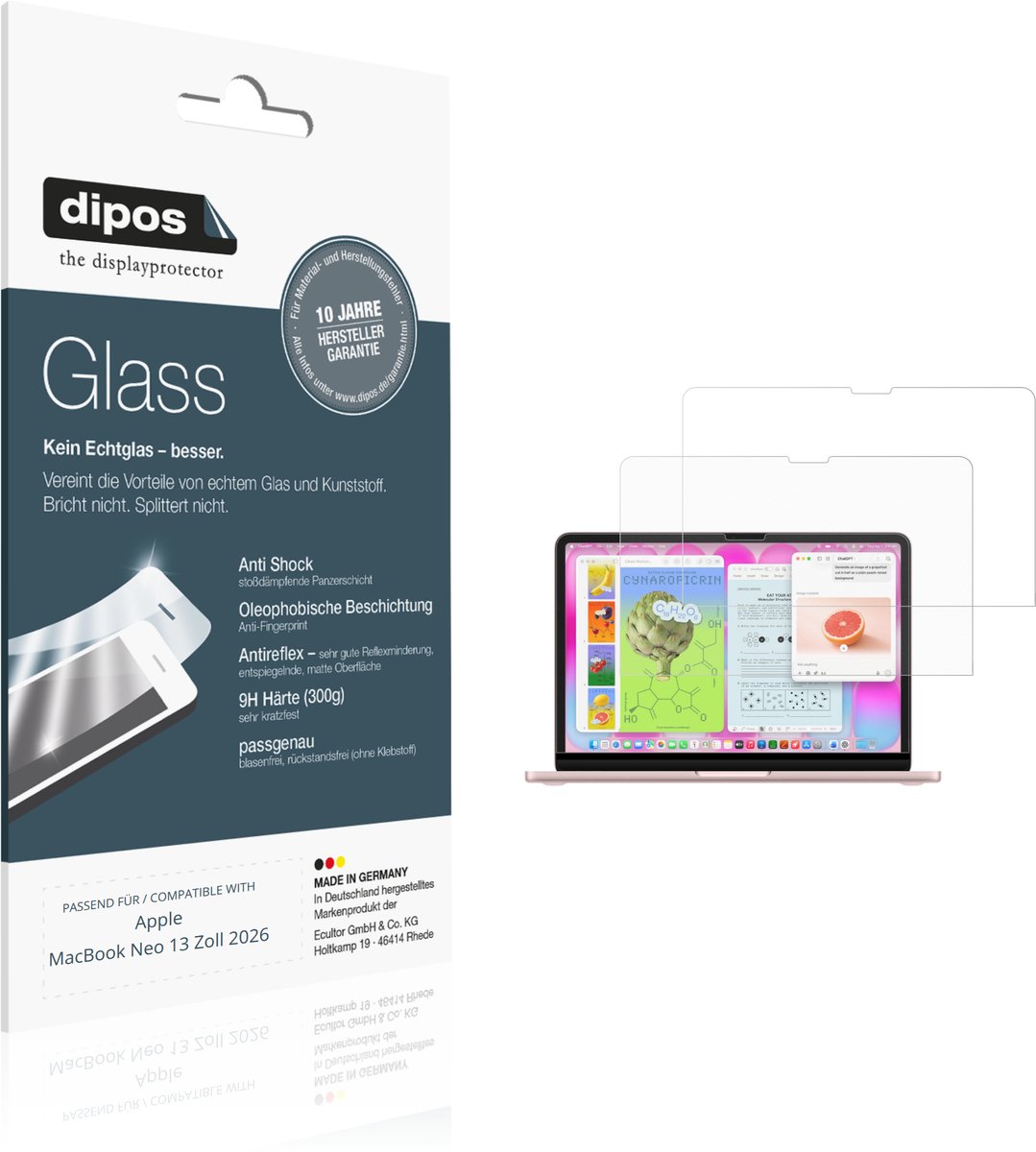 dipos – 2x Matte Pantserfolie geschikt voor Apple MacBook Neo 13 Zoll 2026 | 9H Screenprotector