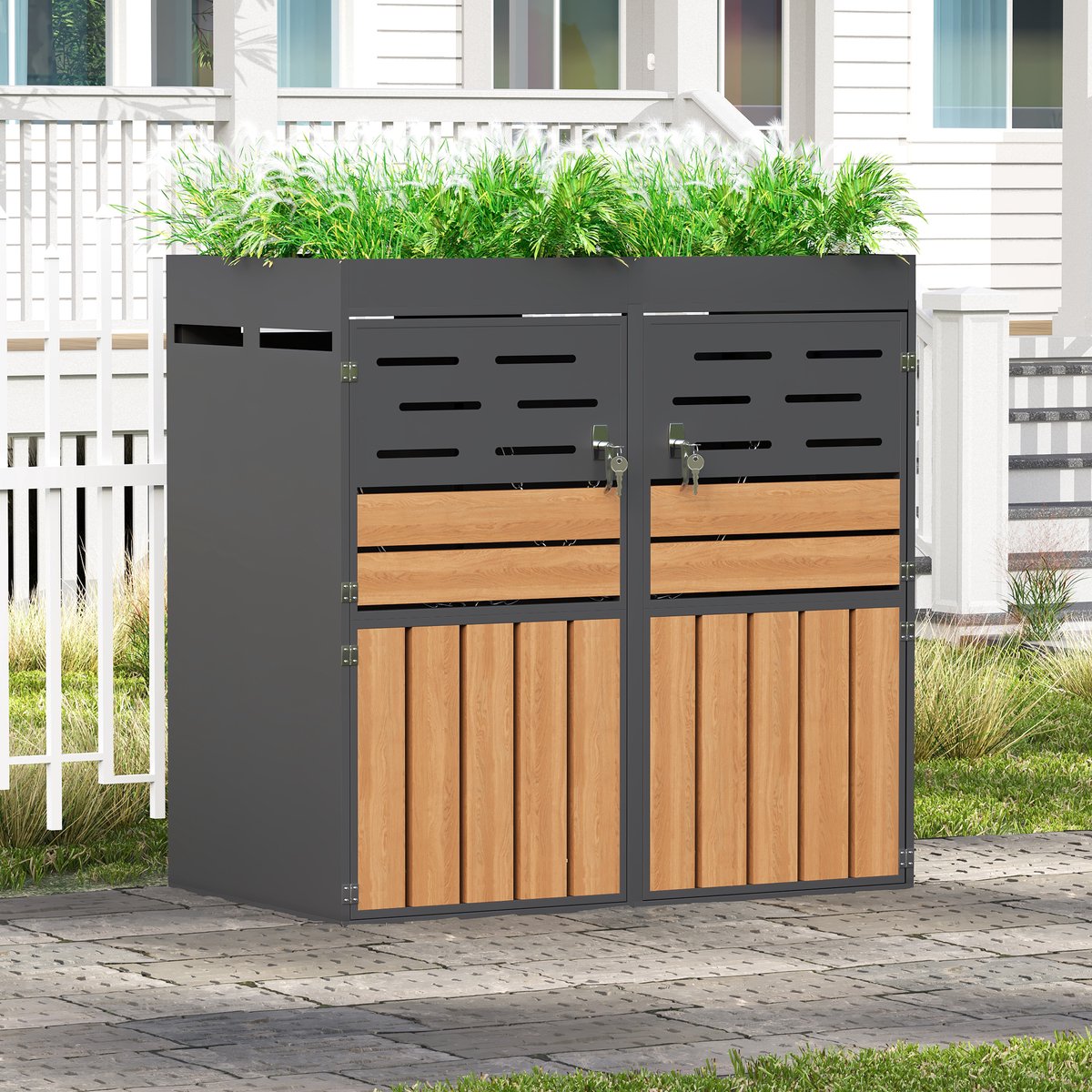 Containerberging Met Plantenbak En Lamellenventilatie – 133 X 80 X 128 Cm – Verzinkt Staal – Grijs – Afsluitbare Buitenopslag