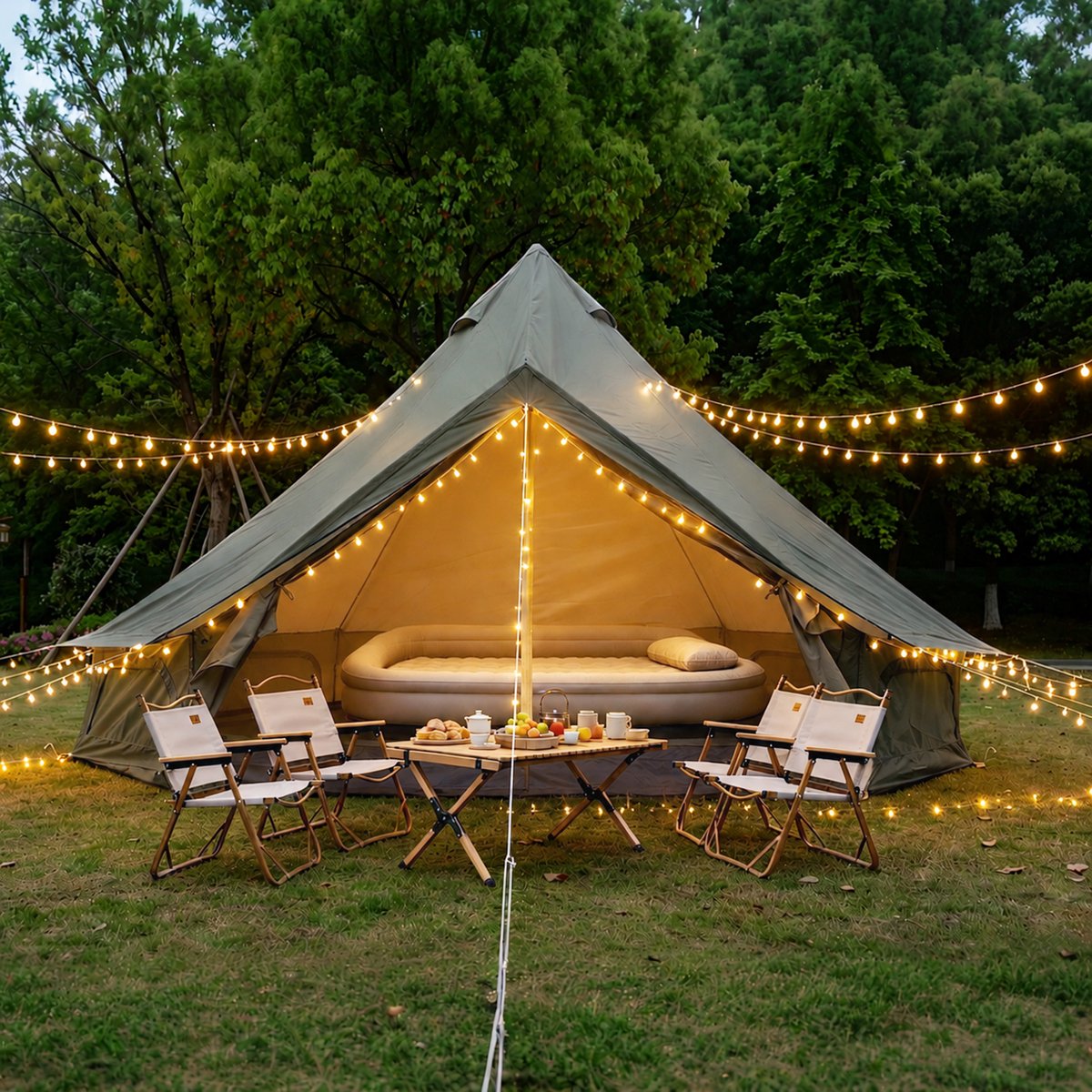FloraGrace Tipi-tent - Ruime 300 x 300 x 200 Cm - Waterafstotend Oxford Polyester - Donkergroen - Voor 3 Tot 4 Personen - Met Kacheluitsparing
