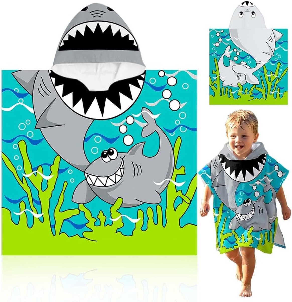 Ultrazachte kinderbadponcho met capuchon, haaienbadhanddoek voor zwemmen en strand, 60 x 60 cm, absorberend en comfortabel
