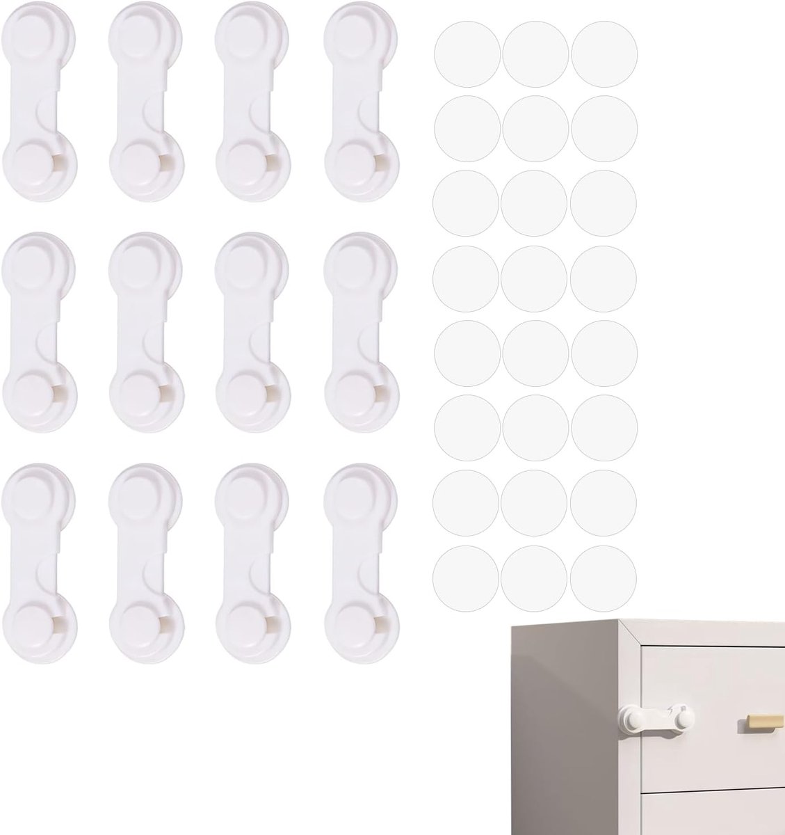 SnelShoppen - Pack van 12 Kindveilige Kast- en Ladebeveiliging - Witte Veiligheidsbeugel voor Kinderen - Zelfklevende Ladebeveiliging met 3M Lijm - Ee