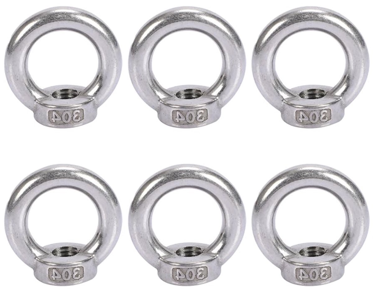 Set van 6 ringmoeren M8 van roestvrij staal 304 voor oogschroeven, bevestiging en hefgereedschap
