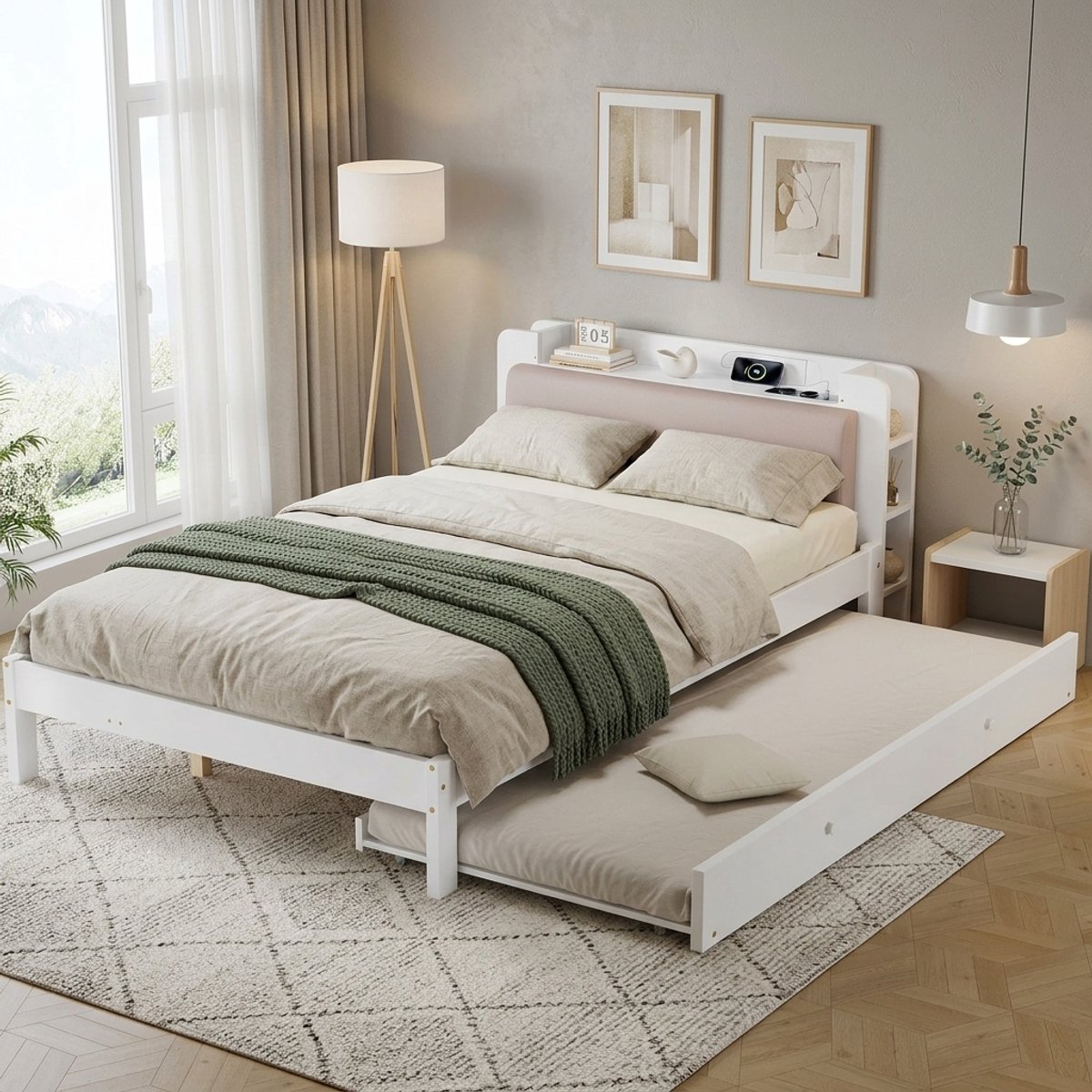 Bed 120x200 cm - Met Uittrekbed 90x190 cm En Gestoffeerd Hoofdeinde - Met Hoofdbordplank En Oplaadstation - Zonder Matras - Hout - Wit