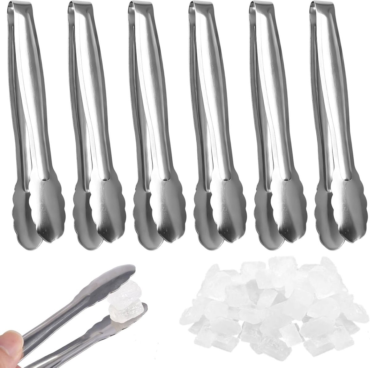 Set van 6 Mini Serveertangen van RVS - Multifunctionele Tangen voor IJs, Suiker, Snoep en Gebak - Ideaal voor Buffetten en Feestjes, 15.5 cm Lang