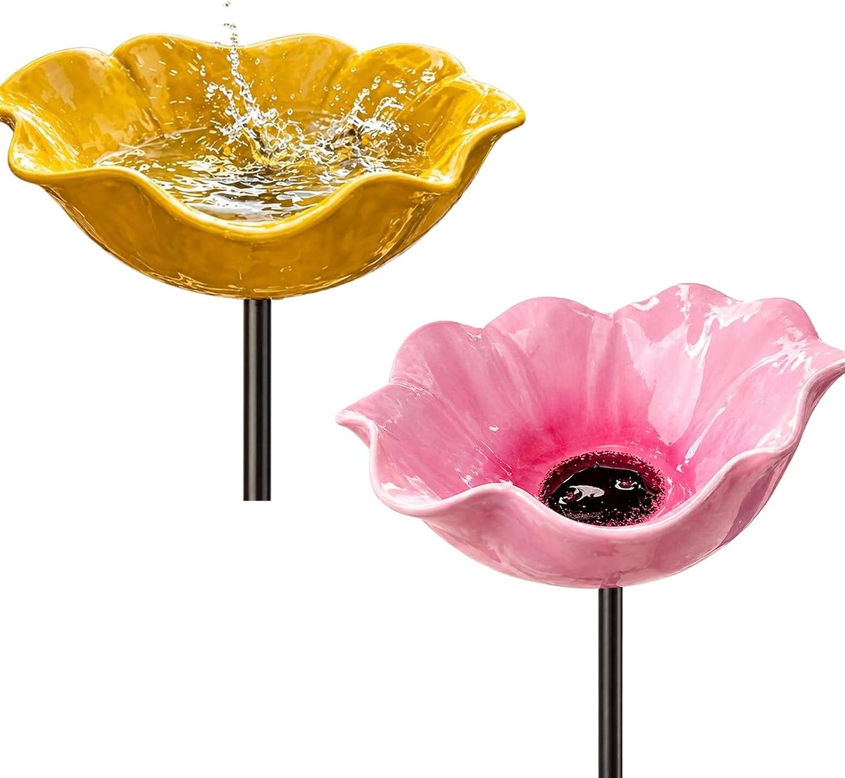Vogeldrinkschaal - 2 Stuks - Vogelbadje - Vogeldrinkbakken - Metaalbloemen-tuinpaal-vogeldrinkbak - Tuindecoratie voor Vogels - Vogelbad voor Buiten - Wildlife Vogeldrinkschaal voor Tuinvogels - 15 x 60 cm - Roze + Geel