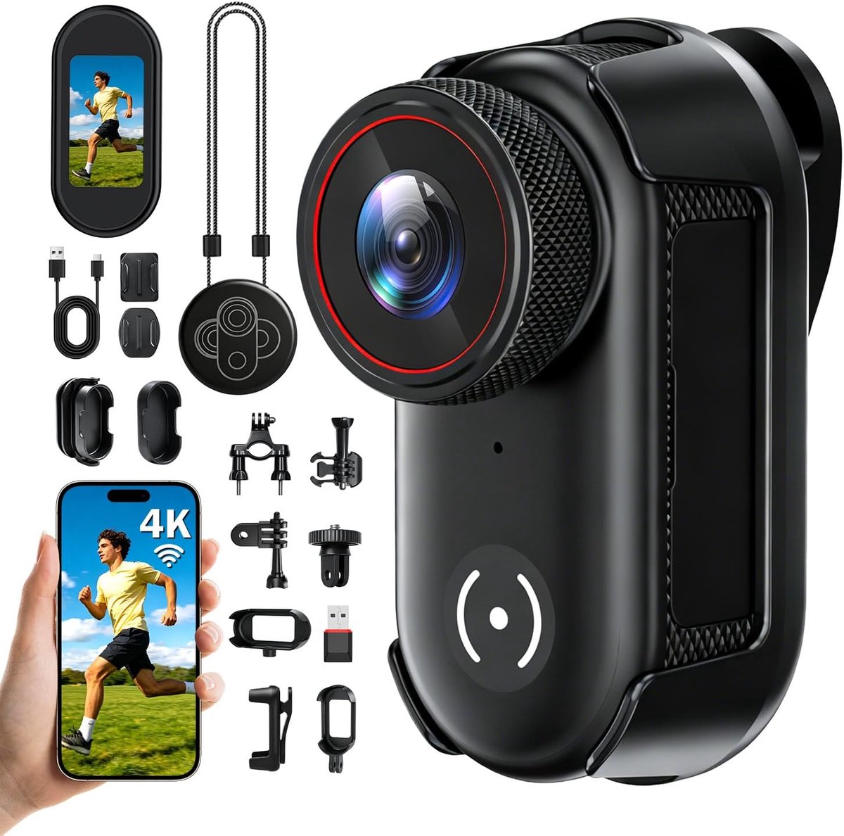 SnelShoppen - 4K Action Cam Mini Body Camera, magnetisch, 6-assige stabilisatie, 150° groothoek, POV vlog camera voor motorfiets, reizen, huisdieren