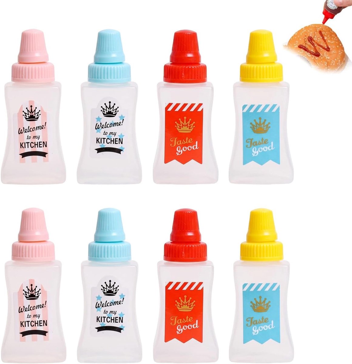 SnelShoppen - 8 Mini Sauzenflessen Draagbaar 23ml - Kunststof Sauscontainers voor Ketchup, Mosterd, Dressing - Ideaal voor Lunchbox, Picknick, Camping