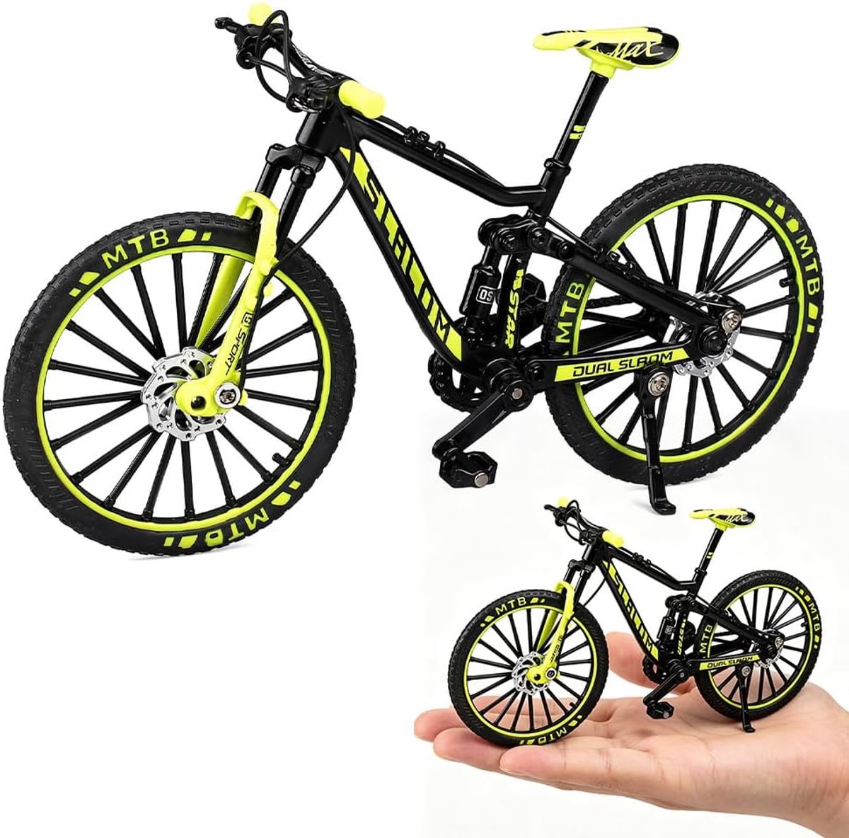 SnelShoppen - Mini Mountainbike Model, Legering, Vingerfiets, Decoratieve Collectie, Speelgoed voor Thuis en Kantoor, Zwart en Groen, 1:10 Schaal, Per