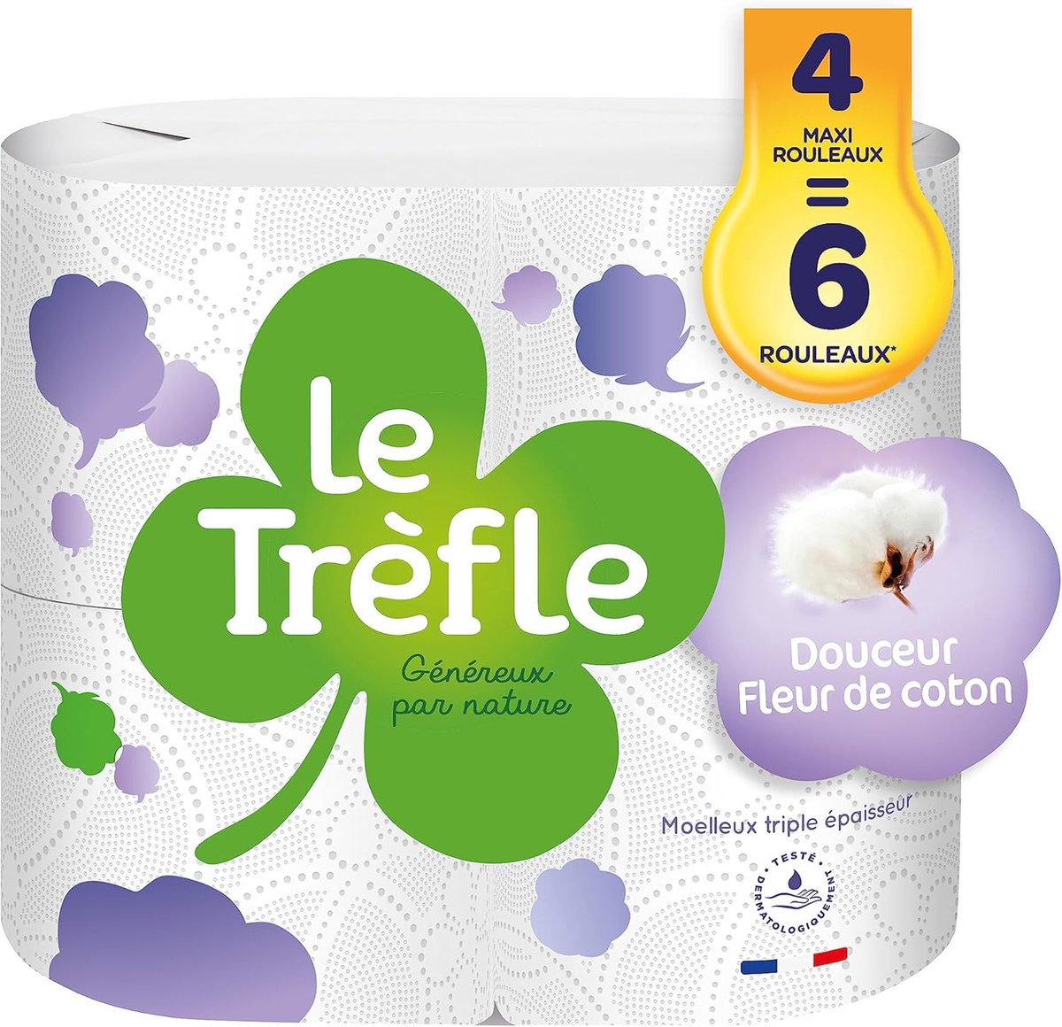 SnelShoppen - Le Trefle Douceur Fleur de Coton Toiletpapier - 4 Maxi Rollen = 6 Classic Rollen - Fluffy 3-laags met Katoen Extracten - Recyclebaar - F