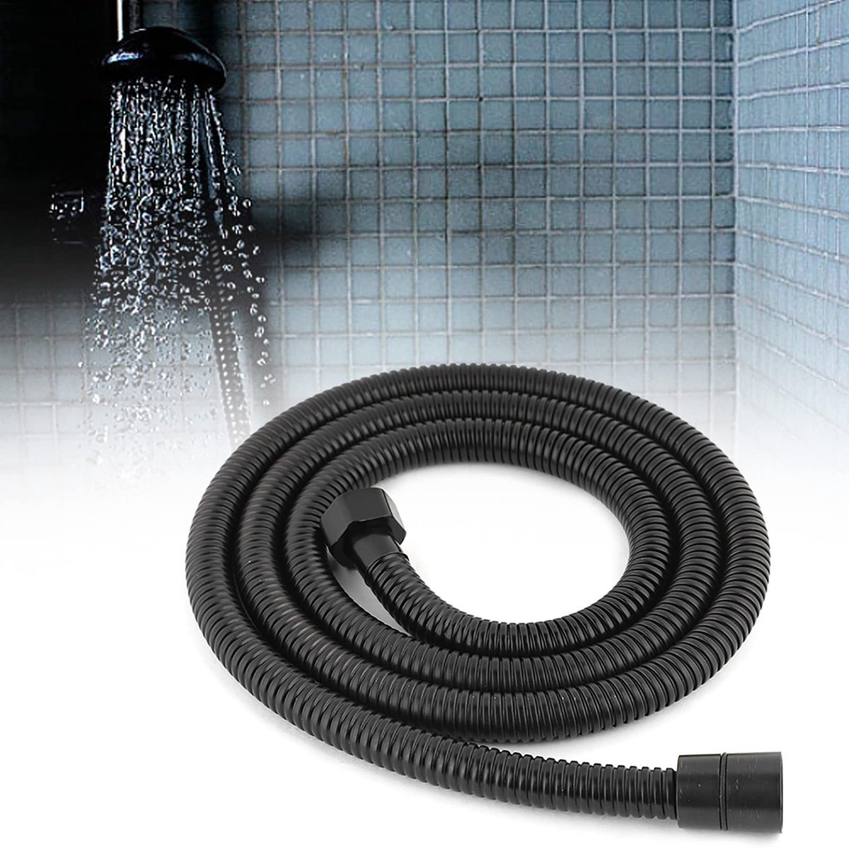 Dailygoods- Handdoucheslang 150 cm - Roestvrij Staal - Zwart - Messing Inzetstuk - Antiwin
