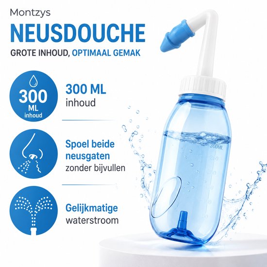 Montzys neusdouche 300 ml inhoud. Spoel beide neusgaten zonder bijvullen. Gelijkmatige waterstroom voor effectieve reiniging.