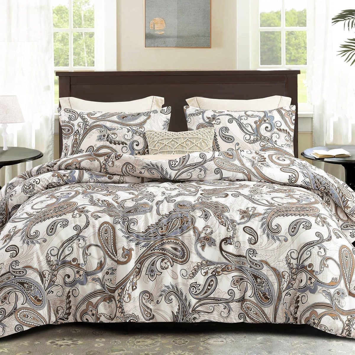 Famanu – Dekbed in 220 x 230 cm, ademend en zacht, slaapdeken voor 4 seizoenen, met 2 kussenslopen, paisley rookgrijs
