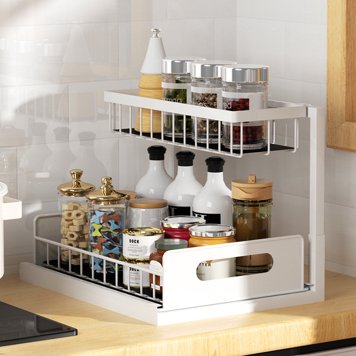 Wit Uittrekbaar Opbergrek Met Gladde Schuifrails, 2-laags Keuken Kruidenrek, Multifunctionele Schuiflade Organizer Voor Aanrecht, Onder Gootsteen, Badkamer En Kast, Losneembaar Opbergsysteem Voor Huishoudelijke Spullen