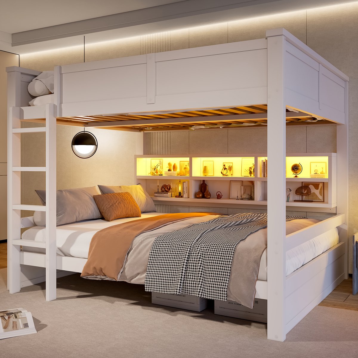 Stapelbed Van 160x200 Cm Met Opbergkasten En Ledverlichting, Tienerhoogslaper - Kinderhoogslaper,Wit