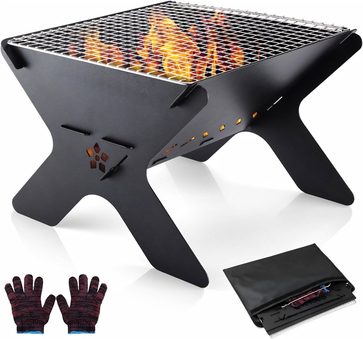 Ploutus® Vuurkorf Voor Buiten - Draagbare Vuurkorf & Camping BBQ - 2-in-1 Opvouwbare Barbecue - Inclusief Grillrooster & Draagtas - Zwart - 30cm x 29cm x 21cm