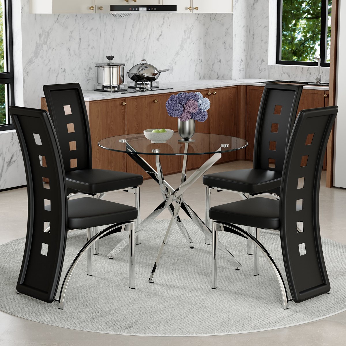 MIVRAY Eettafelset 88 cm - Ronde Glazen Tafel met 4 Stoelen - Voor Kleine Eetruimte - Meta