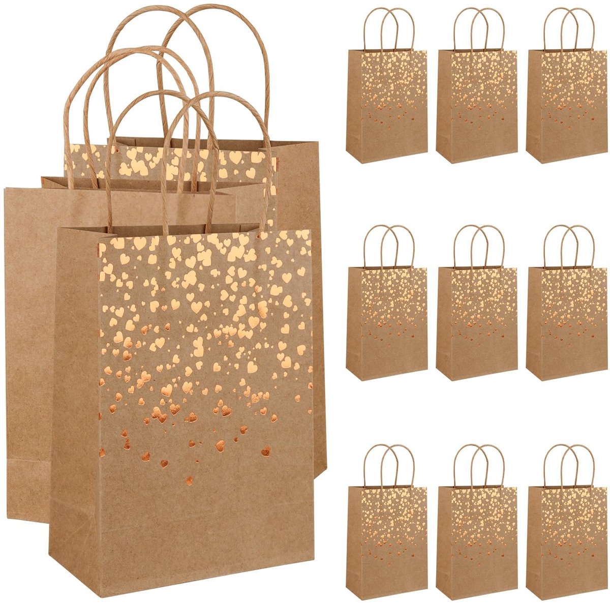 Dailygoods- Cadeautasjes 12 stuks - Bruine cadeauzakjes papier - Kraftpapier met hartversiering - Kleine geschenkzakjes - Herbruikbaar - Afmetingen 21 x 15 x 8 cm