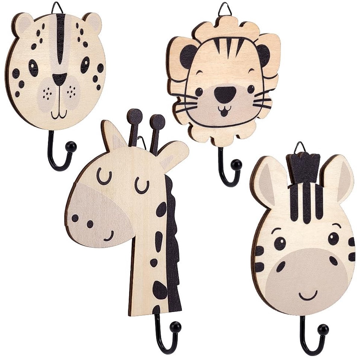 Dailygoods- Wandhaken 4 Stuks Set - Decoratieve Houten Wandhaken - Dieren Wandhaken - Hand