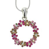 Zilver-kleurige ketting met ronde roze bloemen hanger