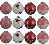 Glas Kerstballen Met Sterren (8cm) Box 12 Stuks Red White