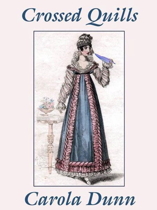 Vrouw in blauwe jurk met roze accenten en kanten kraag, houdt een veer vast. Titel: Crossed Quills.