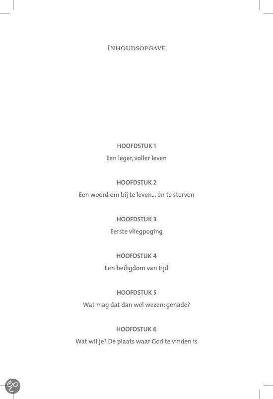 Inhoudsopgave met hoofdstuktitels zoals 'Een leger, voller leven' en 'Eerste vliegpoging'.