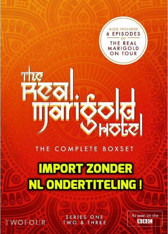 De complete boxset van The Real Marigold Hotel met oranje, mandala-achtige achtergrond. Bevat 6 afleveringen.