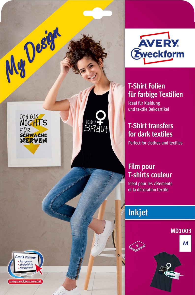 Avery-Zweckform My Design T-Shirt MD1003 Inkjet-textielfolie DIN A4 Voor gekleurd textiel, Geoptimaliseerd voor inkjet