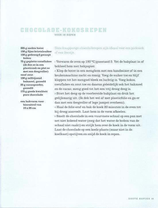 Recept voor 'Chocolade-kokosrepen' met ingrediënten en instructies.