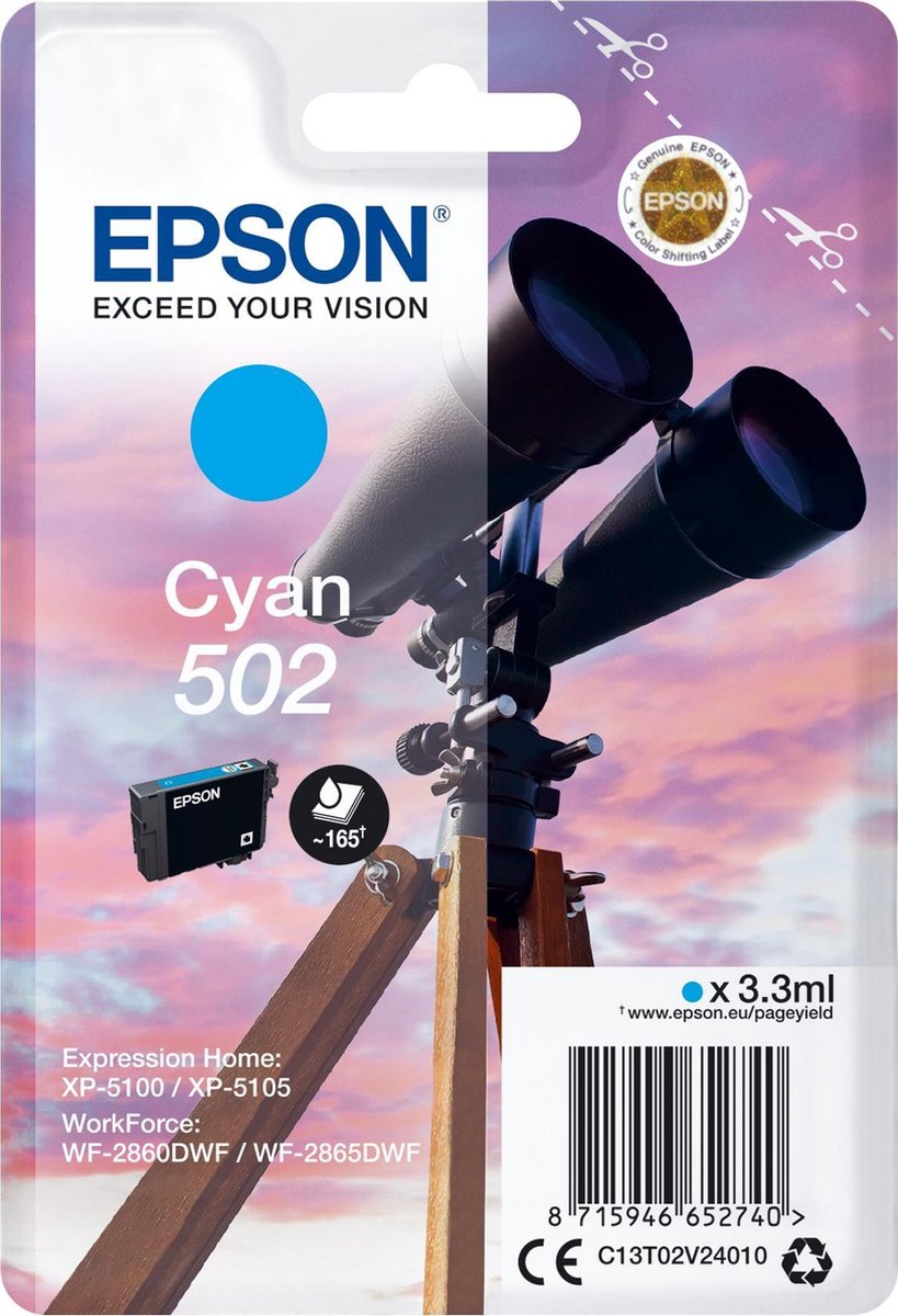 Epson Inktcartridge 502 Cyan XP5100, XP5105, WF2860DWF, WF2865DWF 3017378