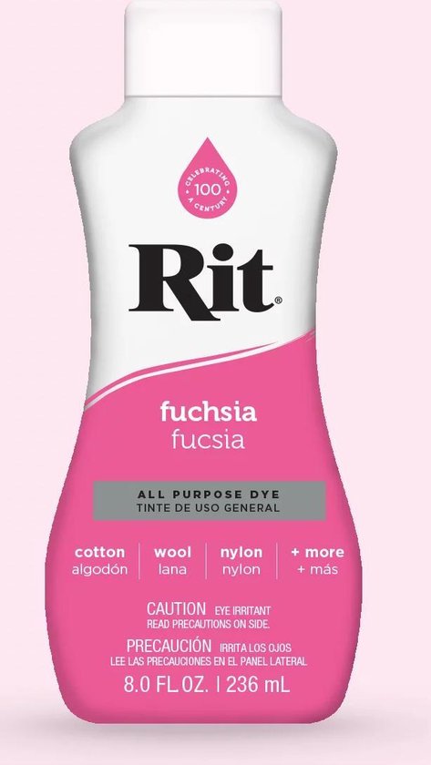 Flesje Rit All Purpose Dye in de kleur fuchsia, met tekst die aangeeft dat het geschikt is voor katoen, wol en nylon.