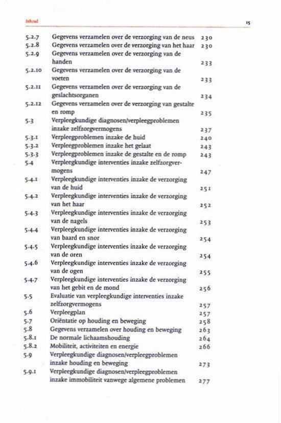 Inhoudsopgave van een boek met de titels Gegevens verzamelen, Verpleegkundige interventies, Evaluatie, Oriëntatie op decubitus, Decubituspreventie, Decubitusbehandeling, Oriëntatie op temperatuurregulatie.