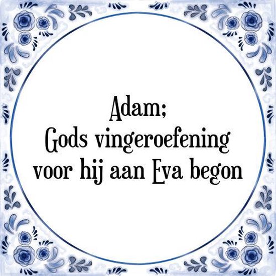 Tegeltje met Spreuk (Tegeltjeswijsheid): Adam; Gods vingeroefening voor hij aan Eva begon + Kado verpakking & Plakhanger