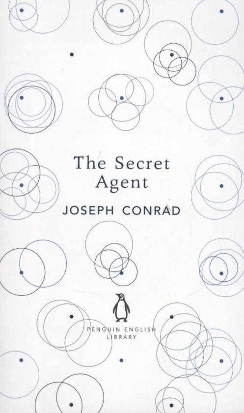 Boek kaft met tekst 'The Secret Agent' Joseph Conrad, Penguin English Library logo en abstracte blauwe cirkels op witte achtergrond.