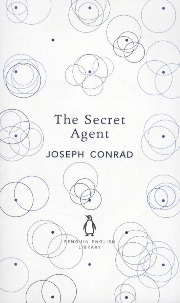 Boek kaft met tekst 'The Secret Agent' Joseph Conrad, Penguin English Library logo en abstracte blauwe cirkels op witte achtergrond.