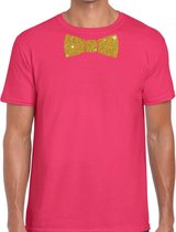 Roze fun t-shirt met vlinderdas in glitter goud heren XL