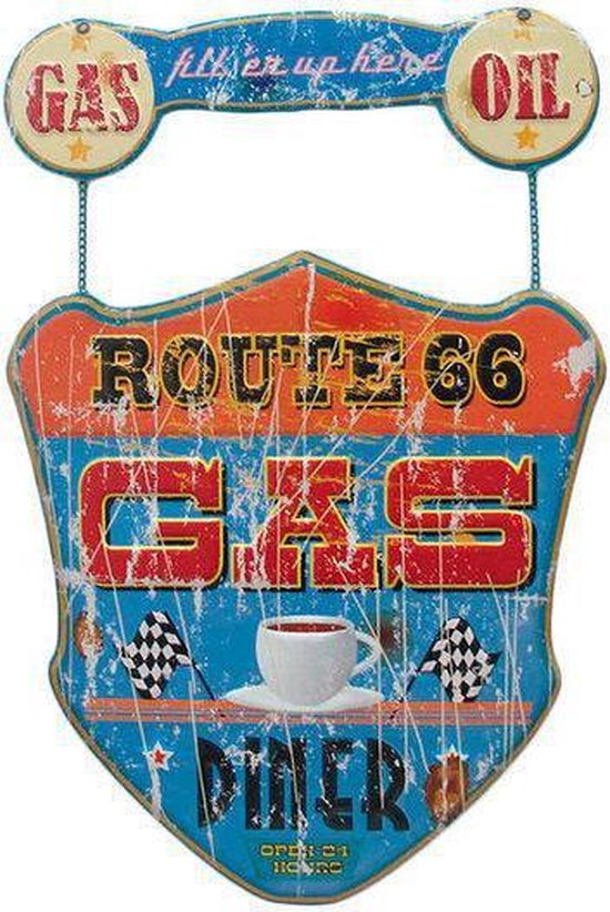 Signs-USA Route 66 Gas-Diner - Retro Wandbord - Metaal - 61x41 cm