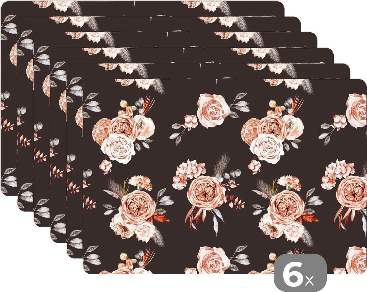 Placemat - Placemats kunststof - Bloemen - Zwart - Patroon - 45x30 cm - 6 stuks - Hittebestendig - Anti-Slip - Onderlegger - Afneembaar