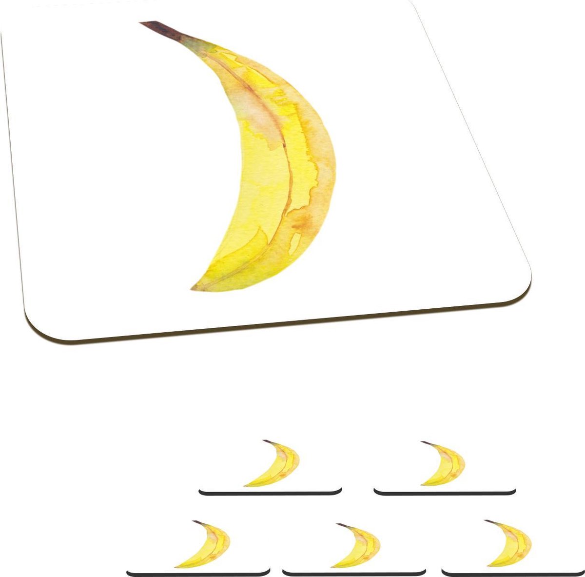 Onderzetters voor glazen - Banaan - Aquarel - Wit - 10x10 cm - Glasonderzetters - 6 stuks