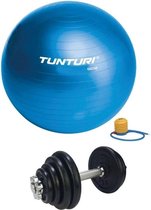 Tunturi - Fitness Set - Halterset 15 kg incl 1 Dumbbellstang  - Gymball Blauw 55 cm