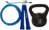 Tunturi - Fitness Set - Springtouw Blauw - Kettlebell 12 kg